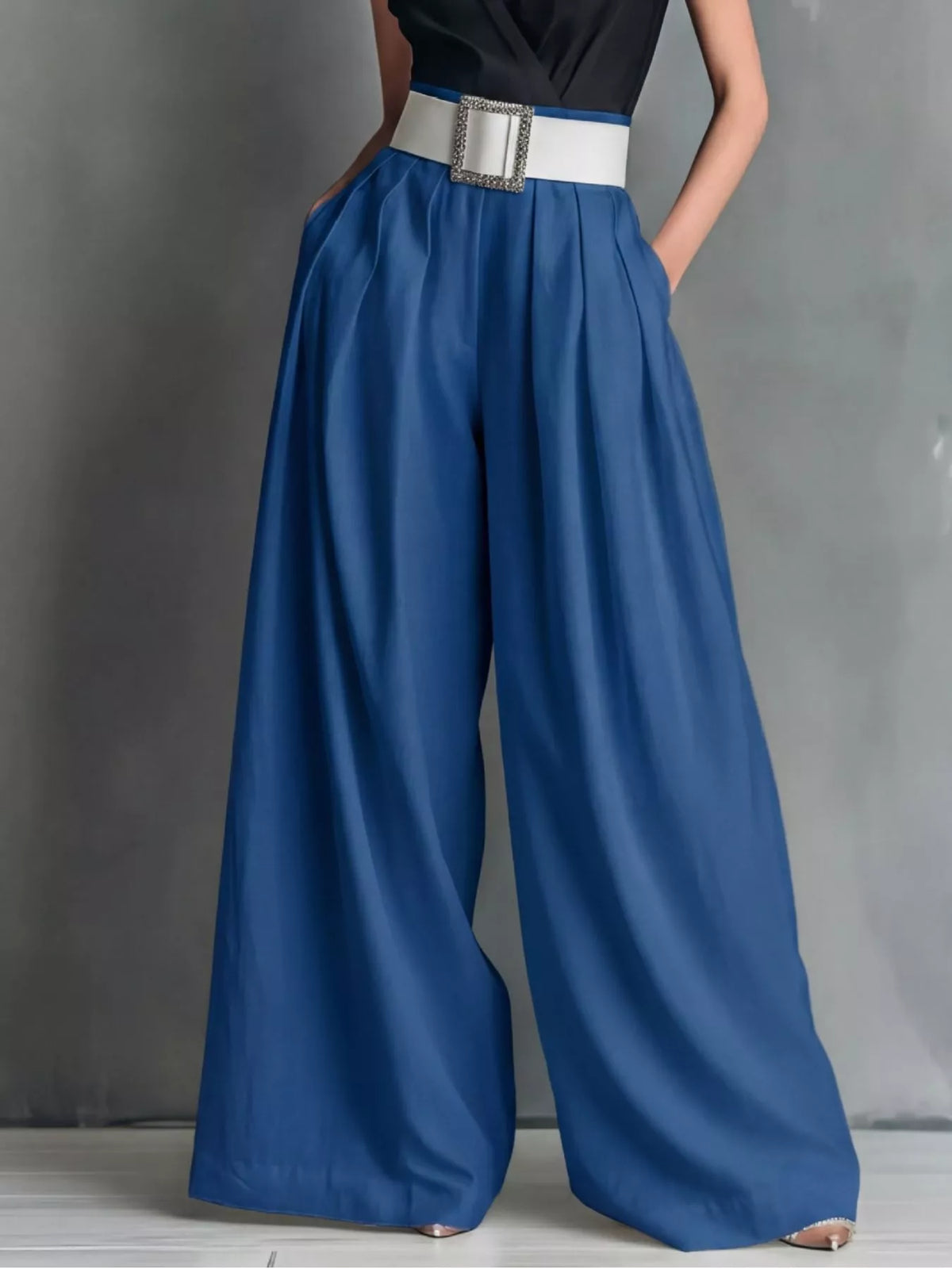 High waisted wide leg trousers styled outfit view