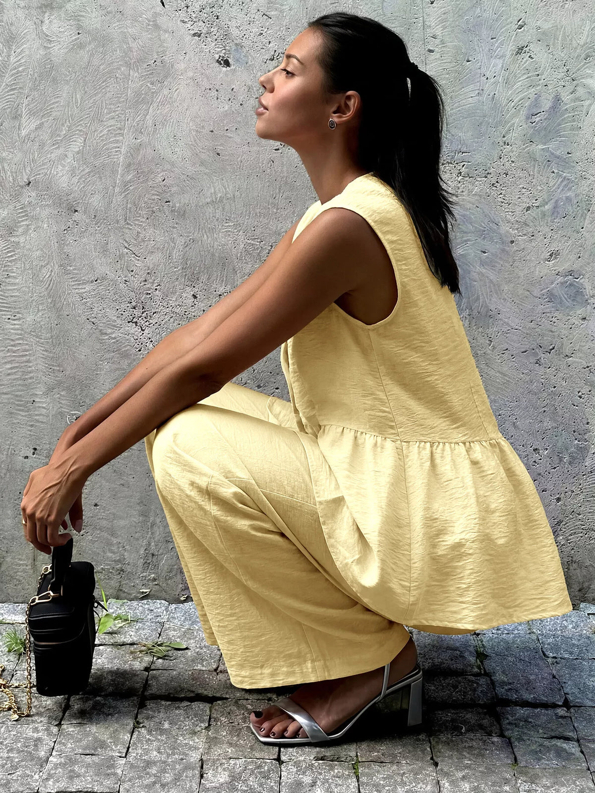 Back view of yellow top and pants matching set
