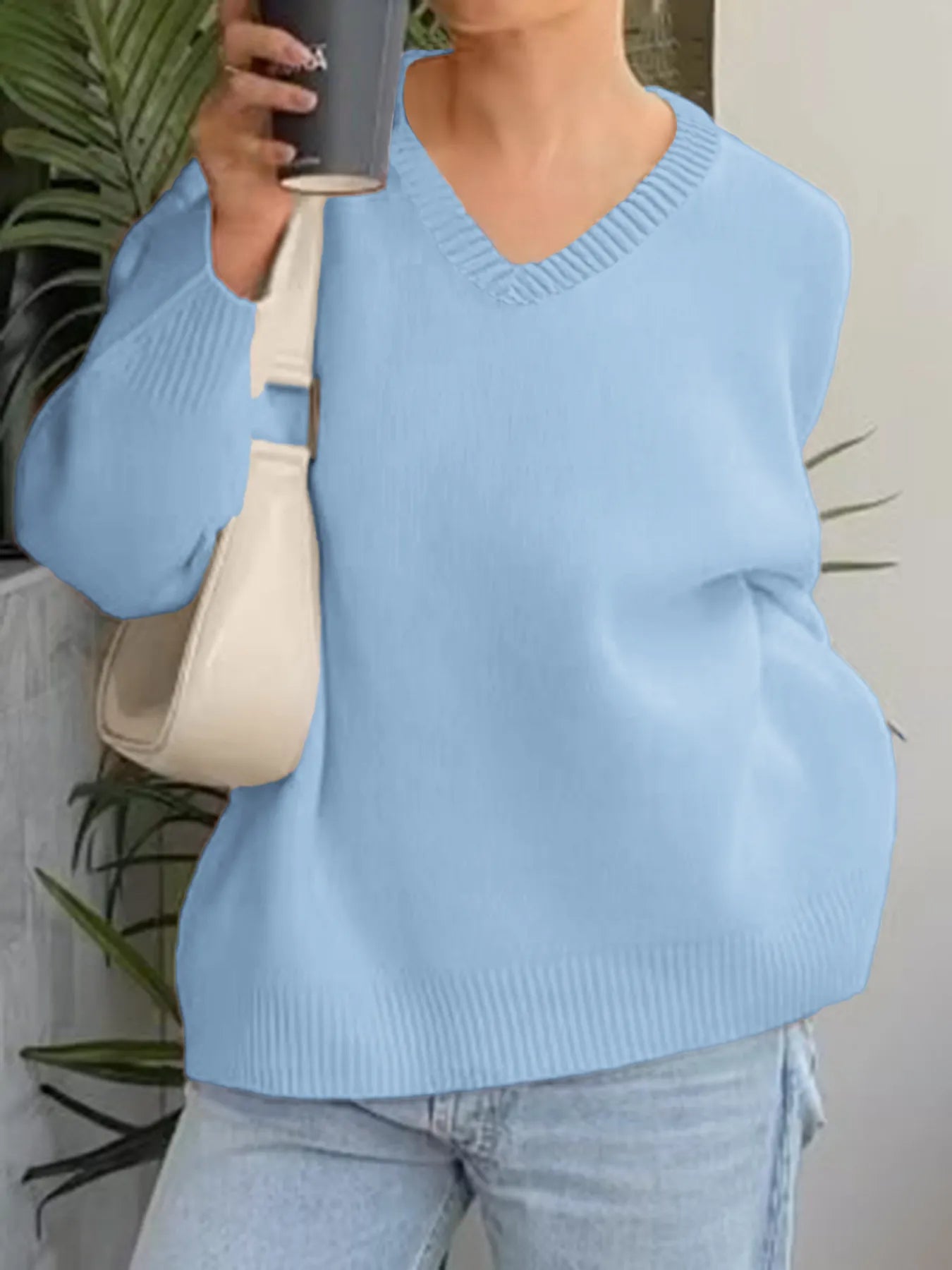 V-Neck Long Sleeve Sweater Light Blue - Fashorio