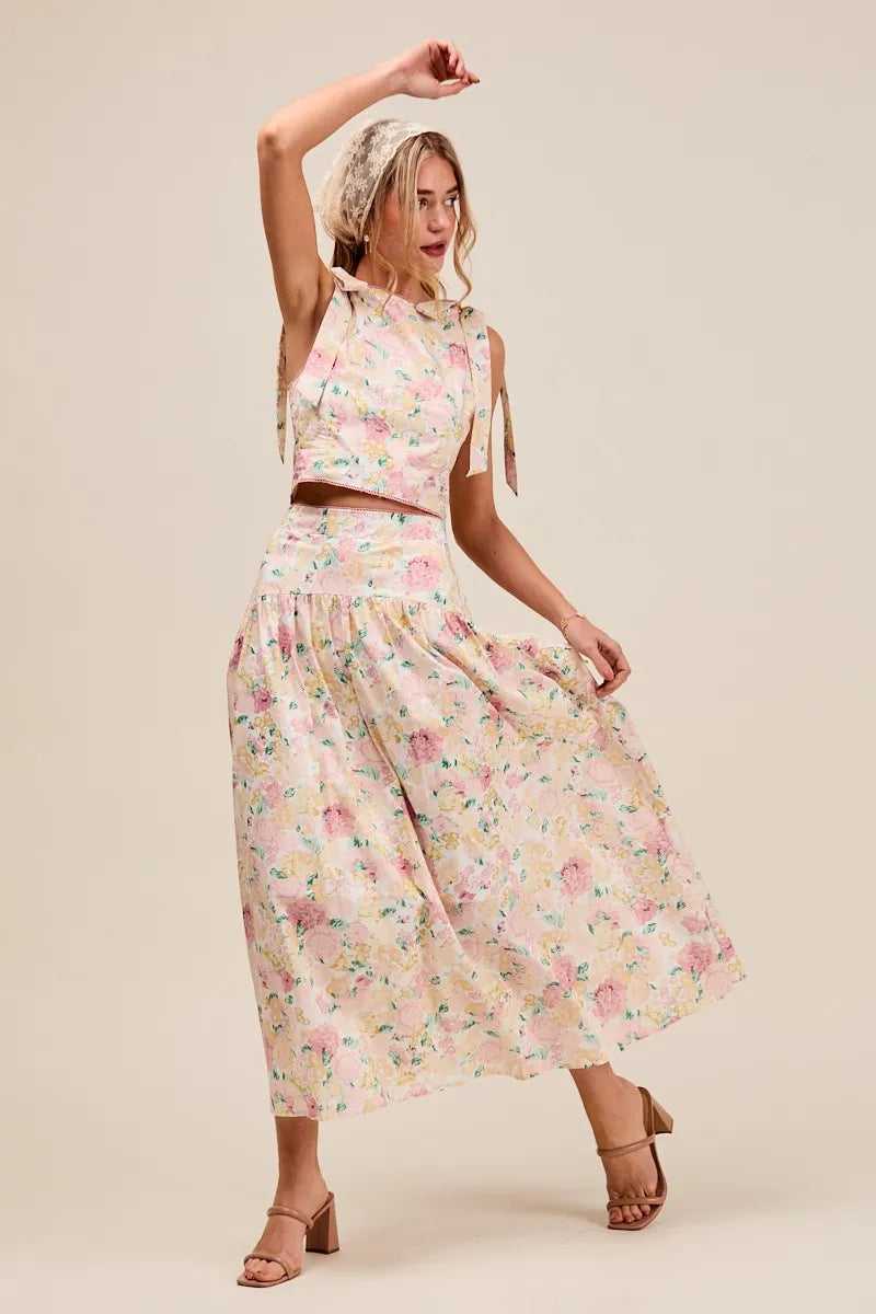 SO ME Floral Printed Woven Shoulder Bow Tie Top and Skirt Set - Fashorio