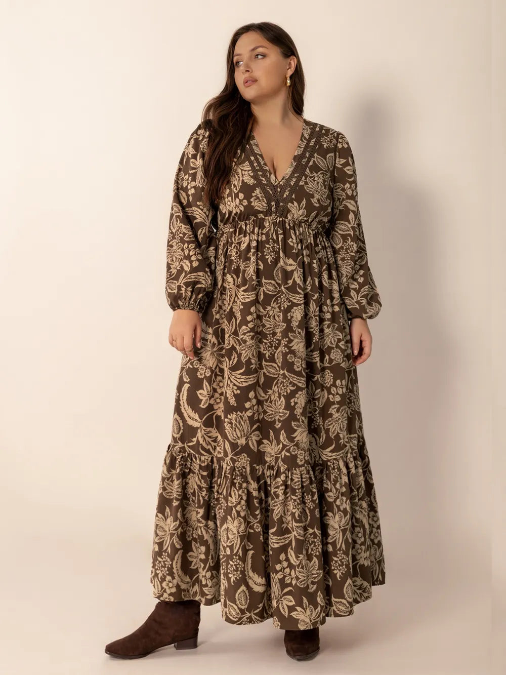 camel plus size printed v neck balloon sleeve maxi dress side view