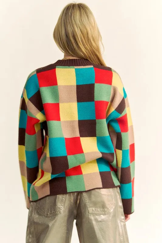 Color Block Checkered Drop Shoulder Sweater in Brown back view