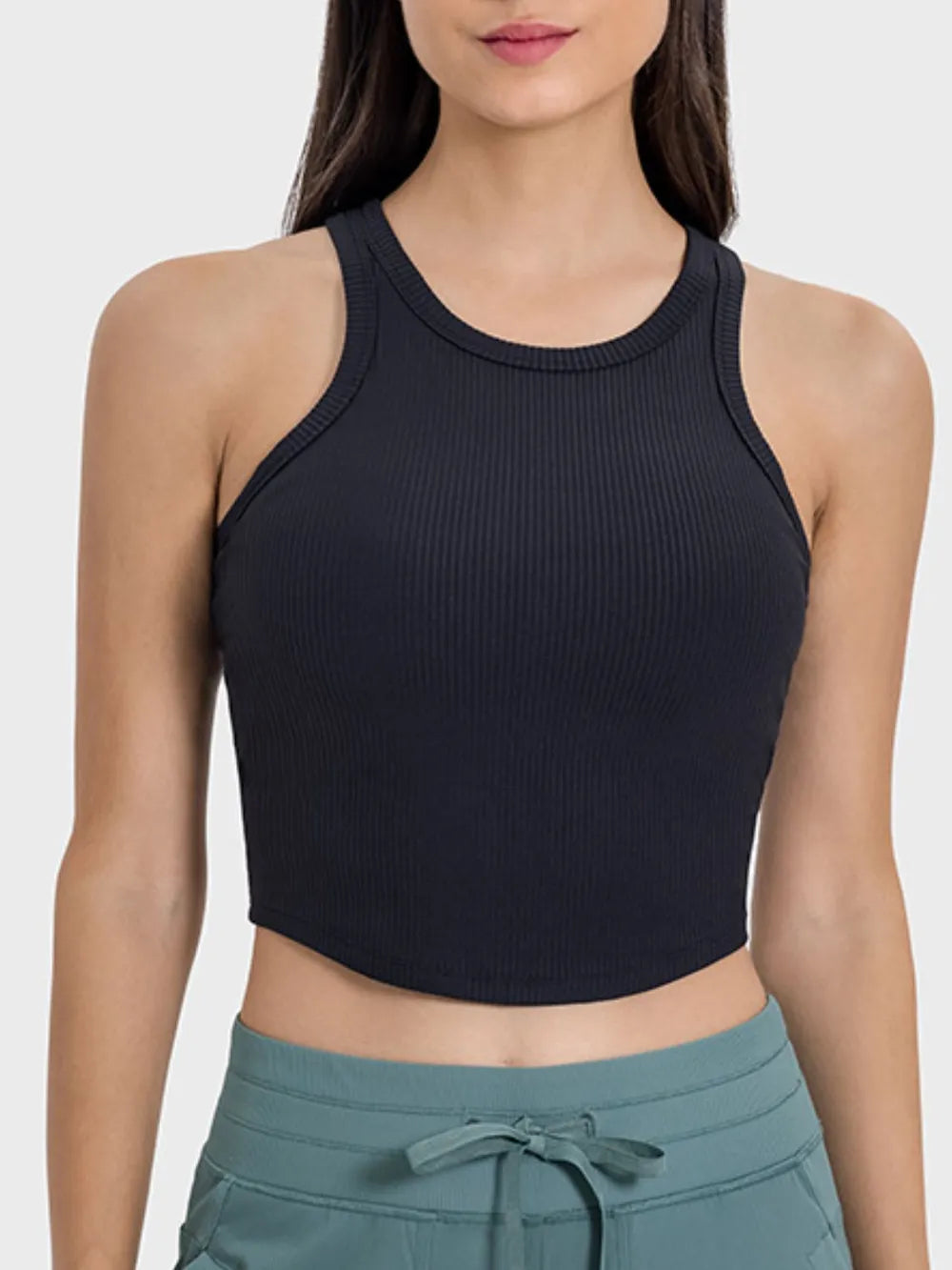 Round neck racerback active tank detail view