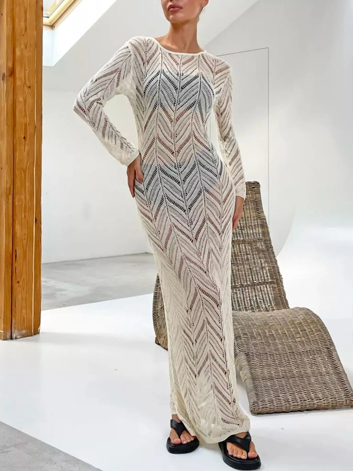 openwork knit long sleeve cover up maxi dress sleeve detail