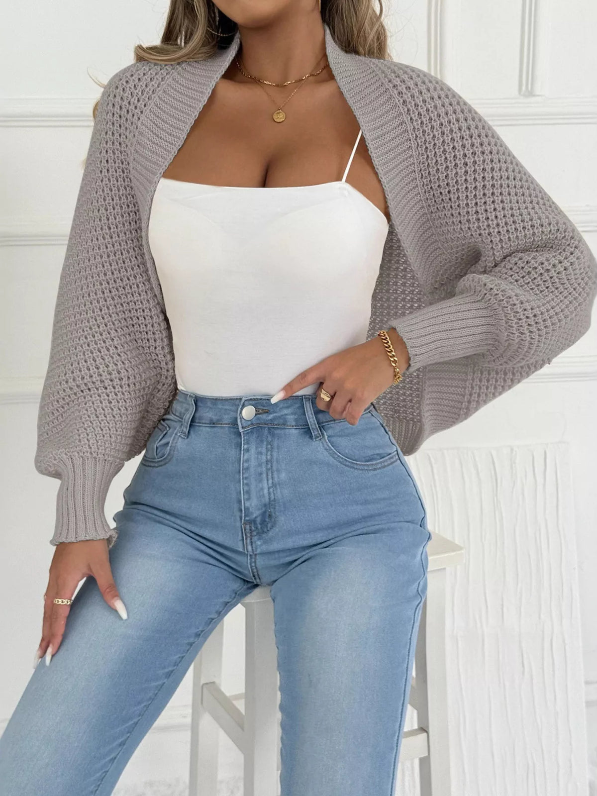 Open front batwing sleeve cardigan, neutral color