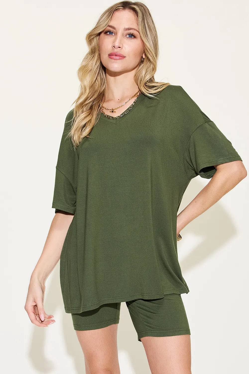 Basic Bae Full Size V-Neck Drop Shoulder T-Shirt and Shorts Set Matcha Green - Fashorio