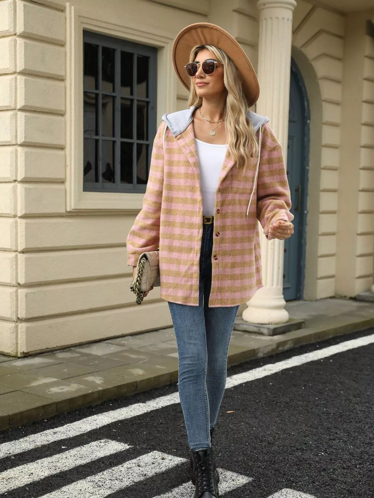 Plaid Hooded Drawstring Jacket in Black view 13