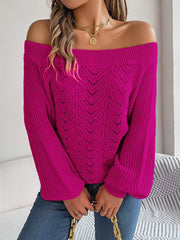 Openwork Off-Shoulder Long Sleeve Sweater Cerise - Fashorio