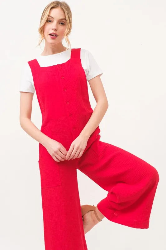 Gauze Loose Fit Tied Back Overalls