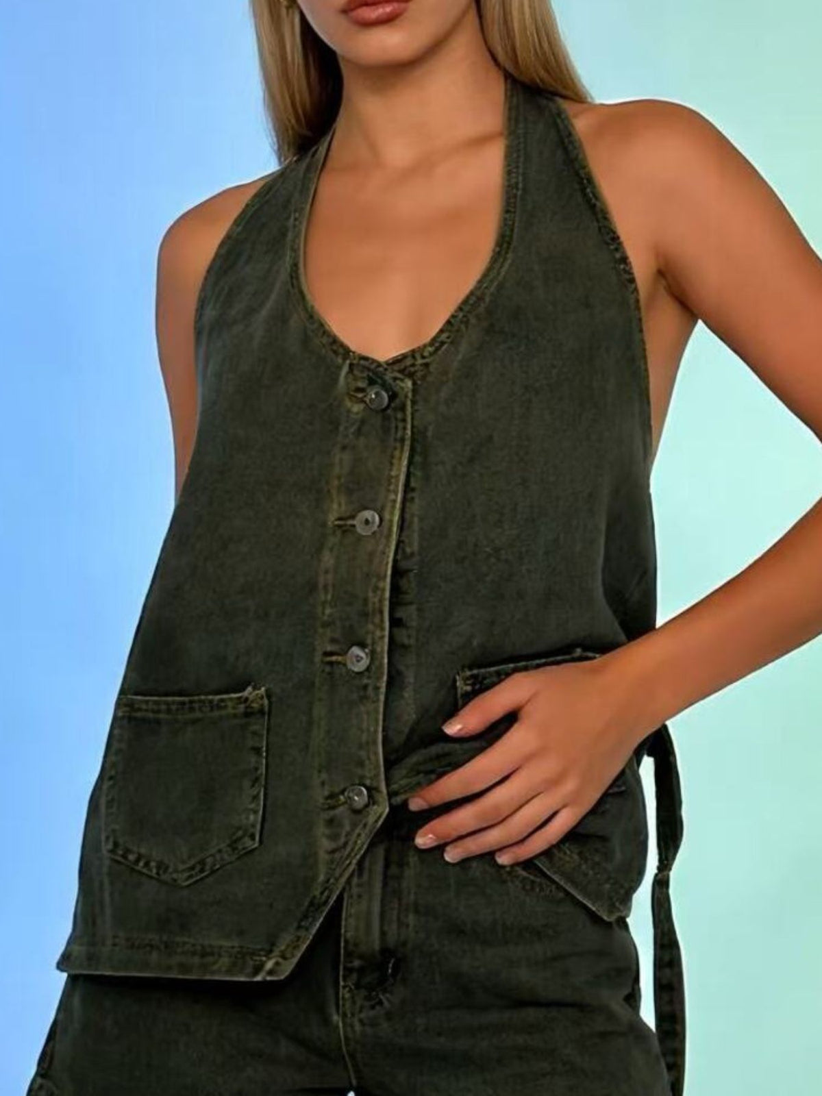 Halter Neck Button Down Denim Vest in Dark Blue view 11