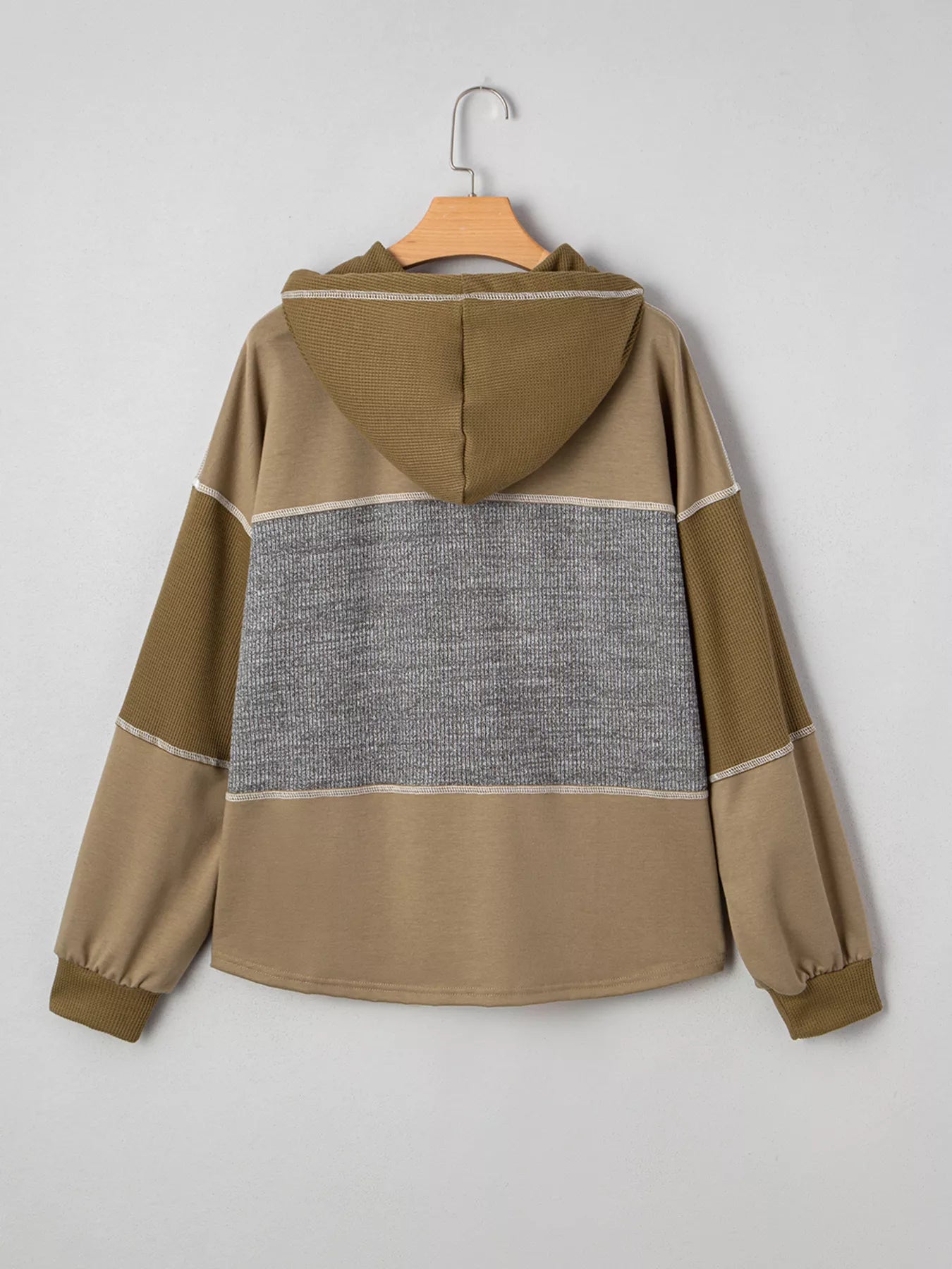 Mixed Texture Patchwork Exposed Seam Half Button Hoodie - Fashorio