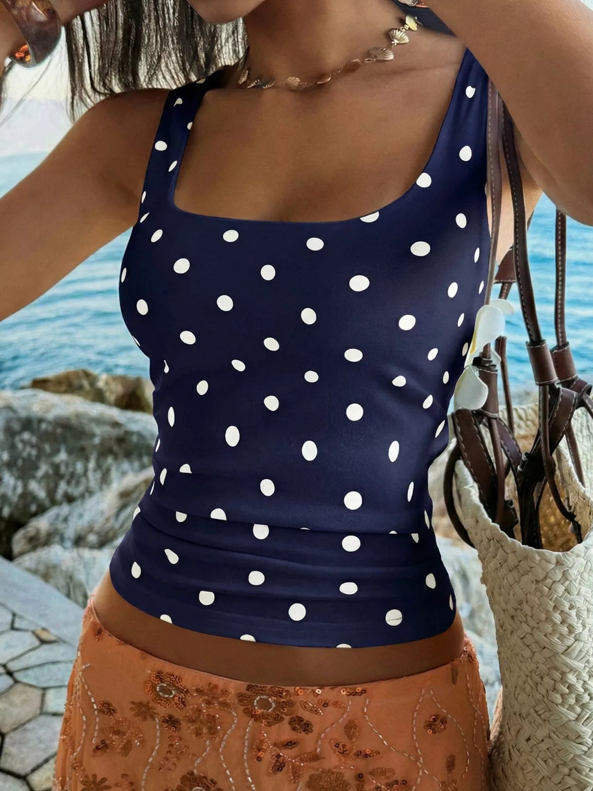 Polka dot scoop neck tank top detail view