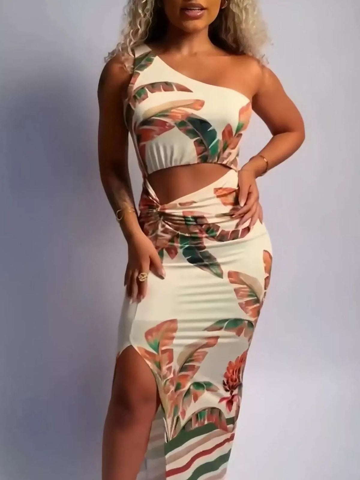 Tropical print close up on the white maxi dress
