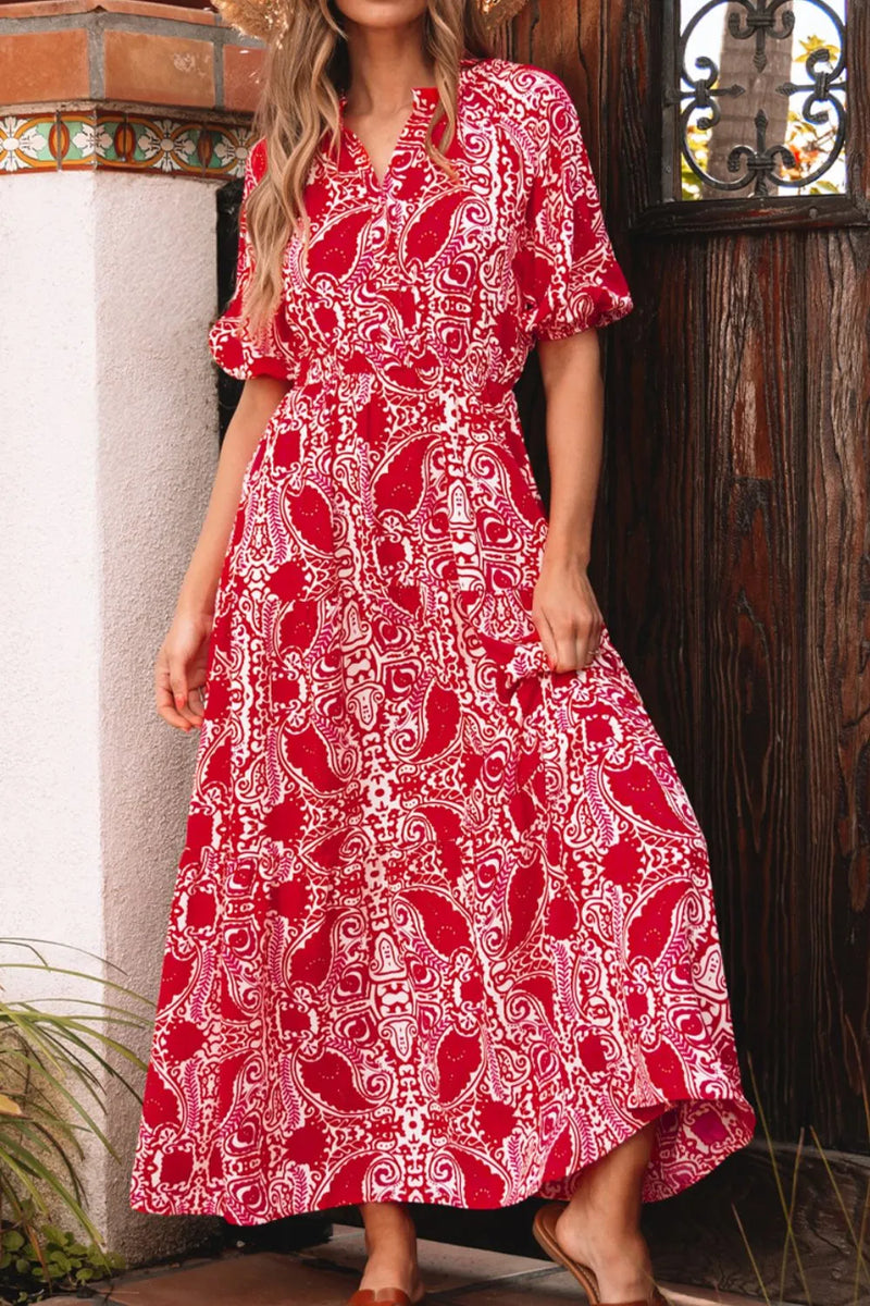 Paisley print puff sleeve high waist maxi dress front