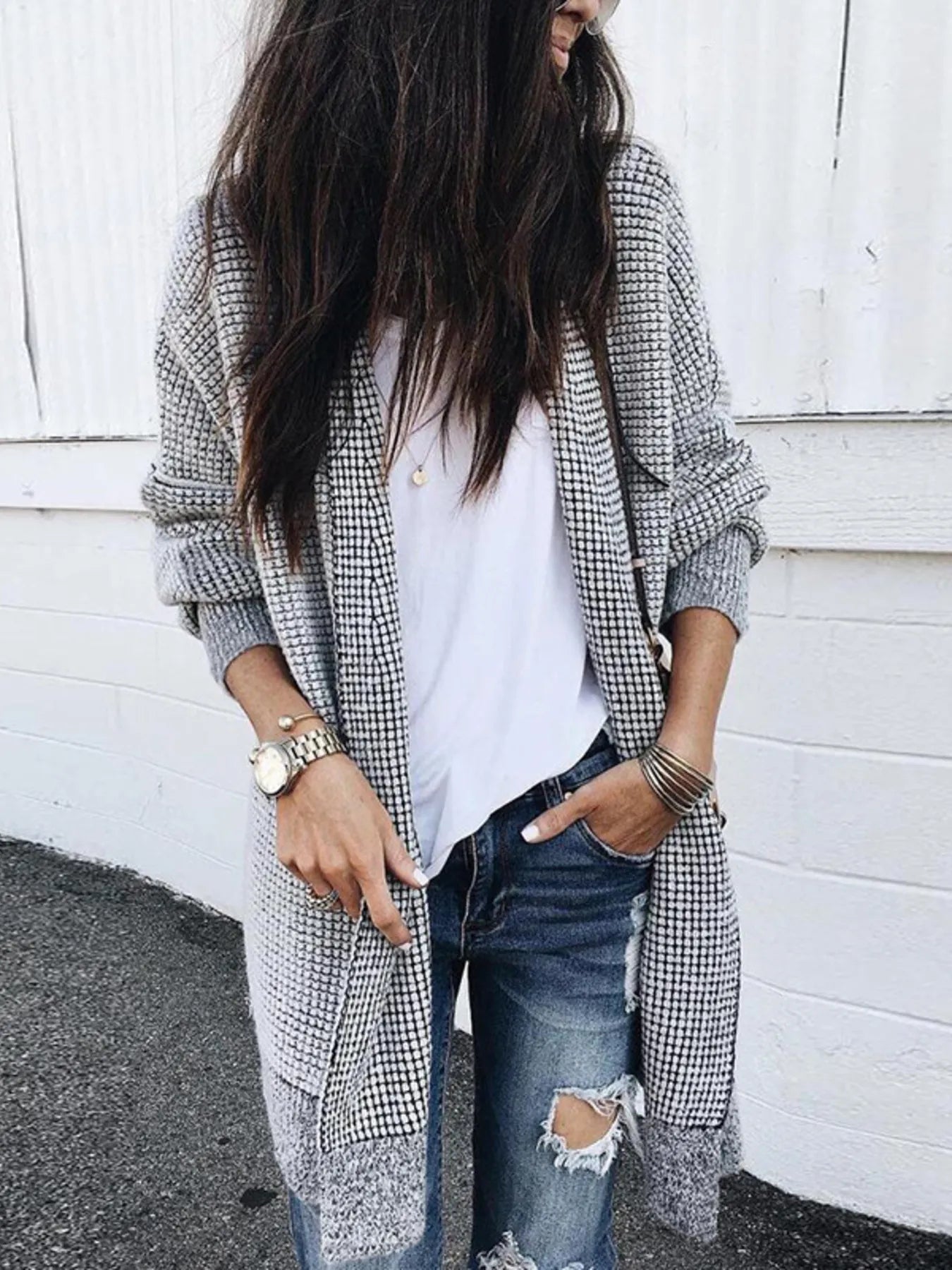 Contrast Plaid Longline Cardigan with Ribbed Trim Plaid - Fashorio
