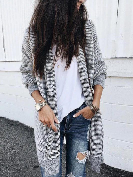 Contrast Plaid Longline Cardigan with Ribbed Trim Plaid - Fashorio