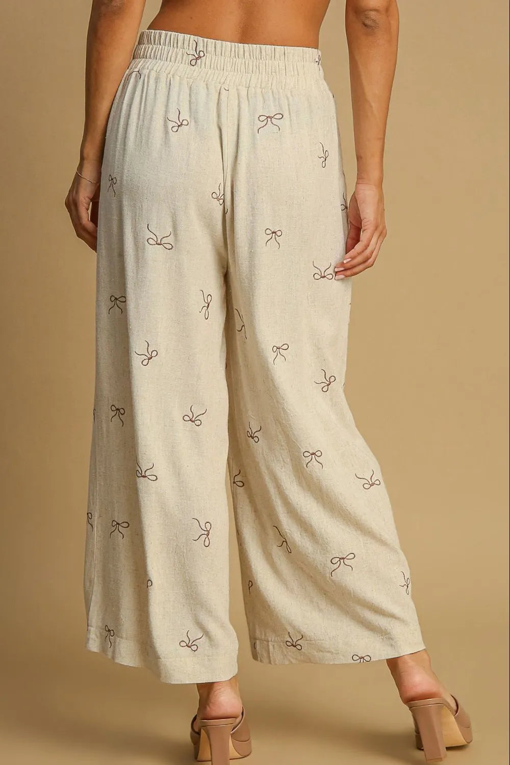 Umgee Full Size Lace Drawstring Embroidered Bow Wide Leg Pants Plus Size - Fashorio