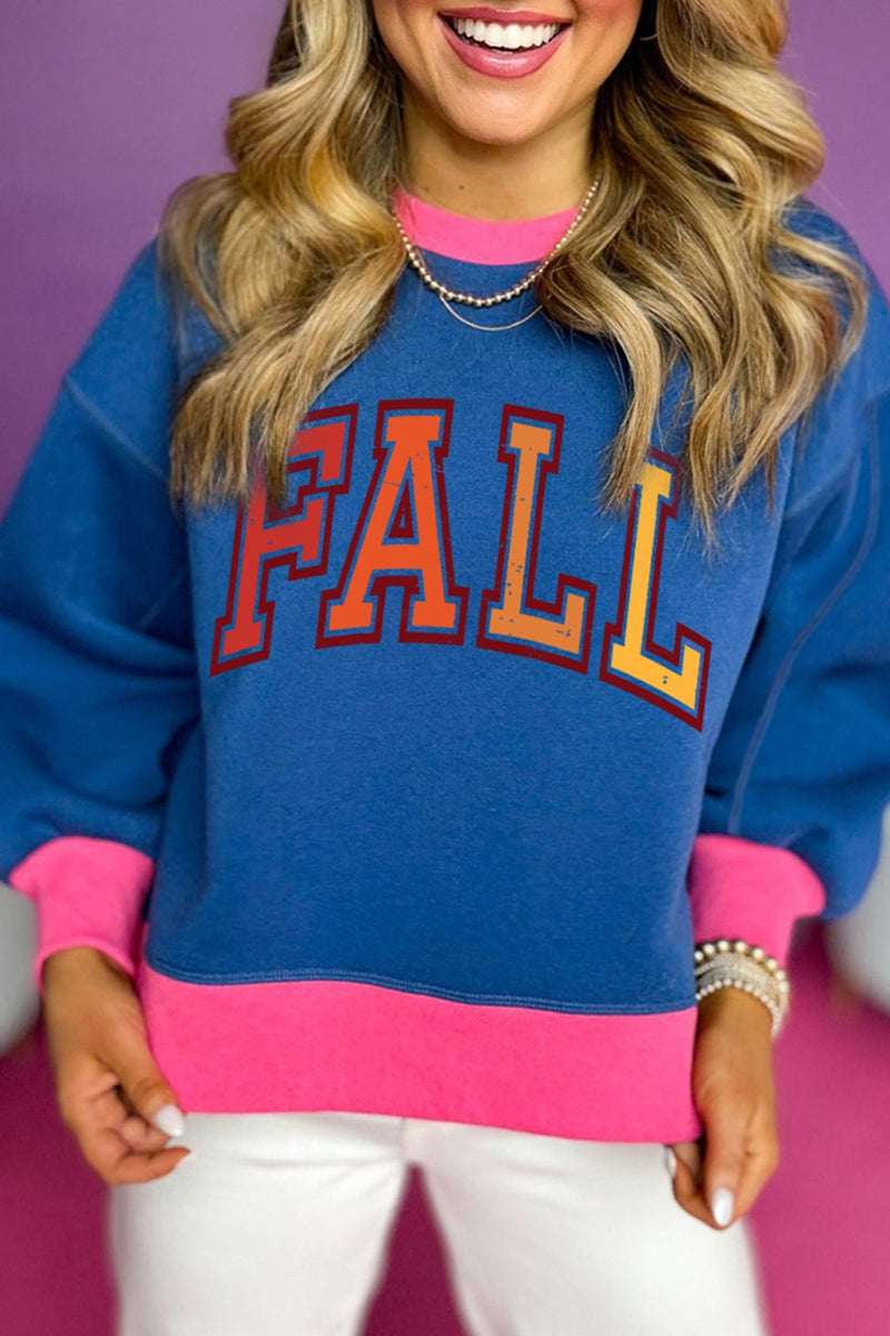 Letter graphic crewneck sweatshirt in royal blue, front view