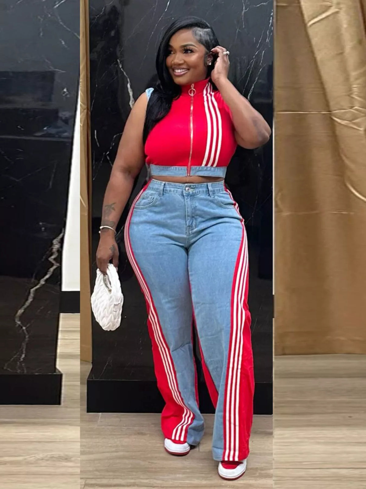 Zip Front Crop Top and Striped Pants Set, view 8