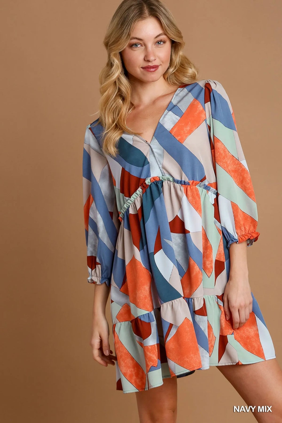Abstract V Neck Tiered Printed Dress