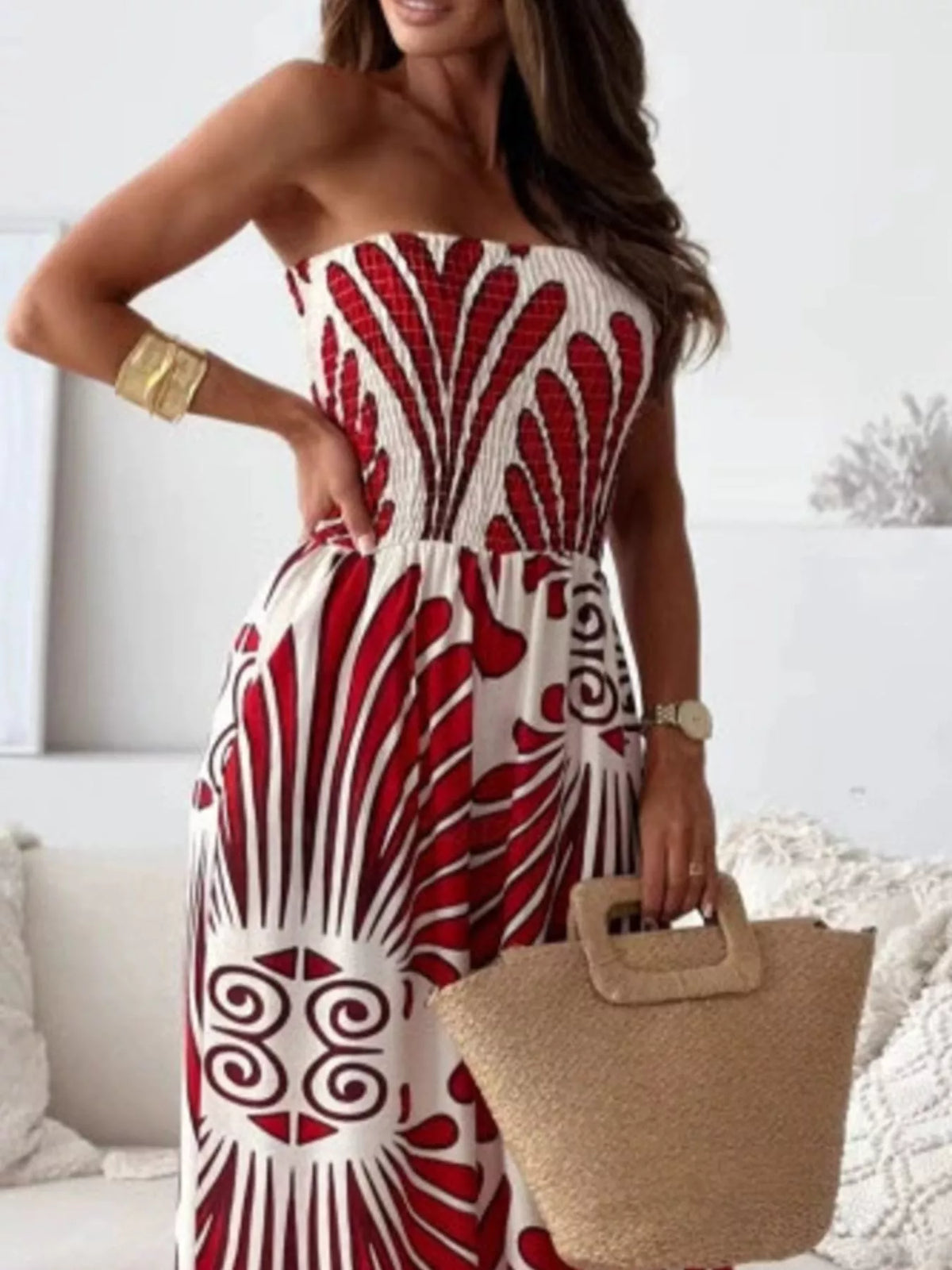 Printed strapless wide leg jumpsuit full length view