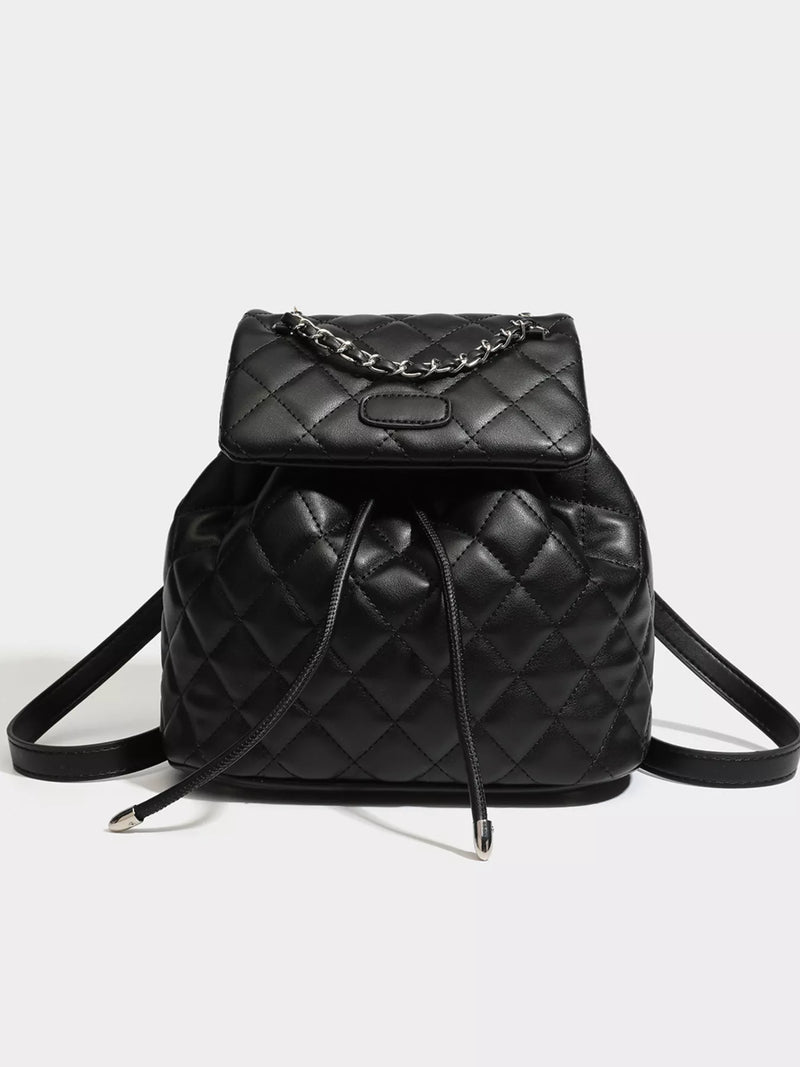 Black quilted chain flap backpack front view