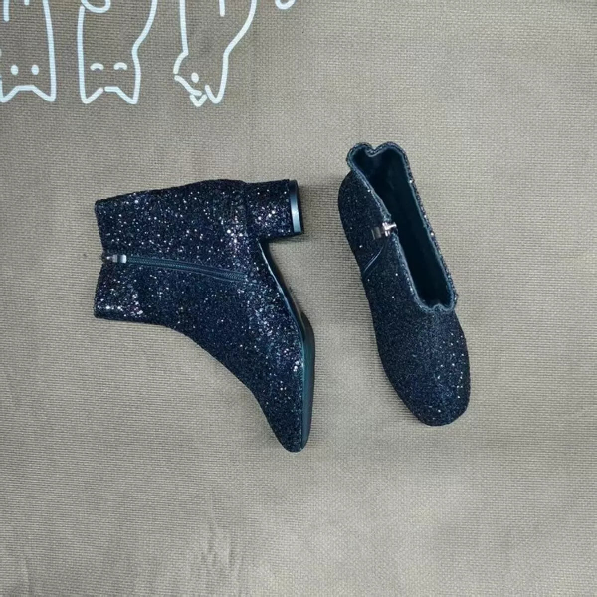 black sequin block heel boots shaft detail