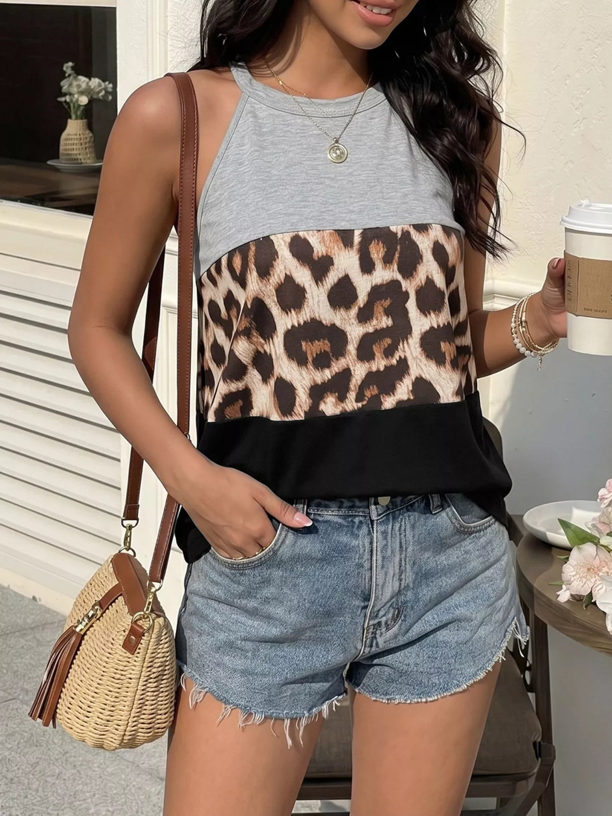 Leopard print color block tank back view