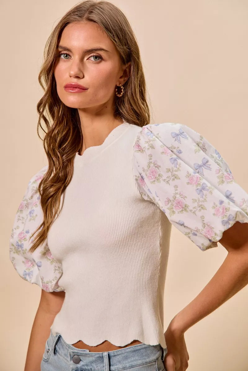 Floral contrast sleeve sweater top full look