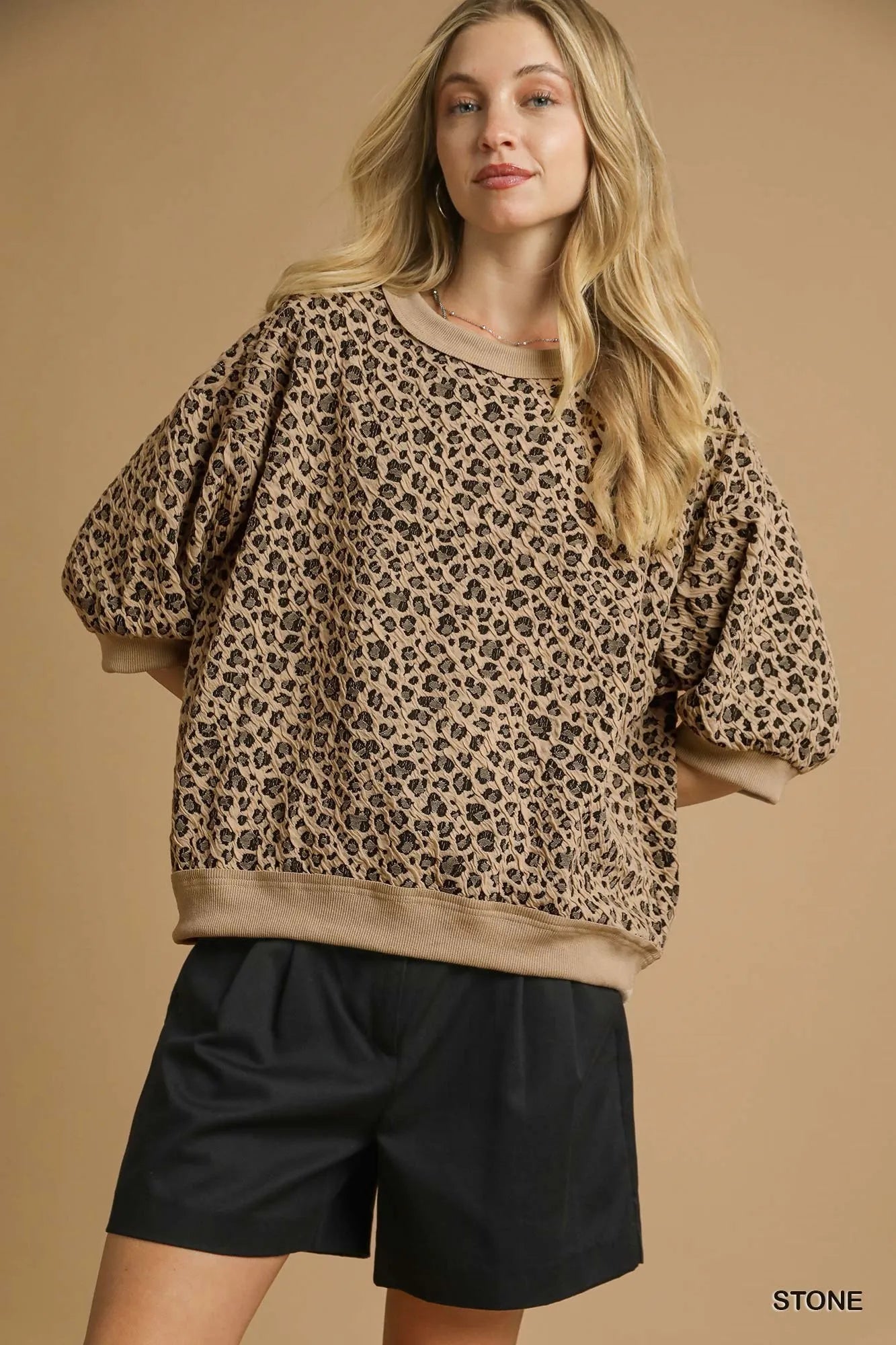 Umgee Leopard Knit Jacquard Puff Sleeve Sweatshirt STONE - Fashorio