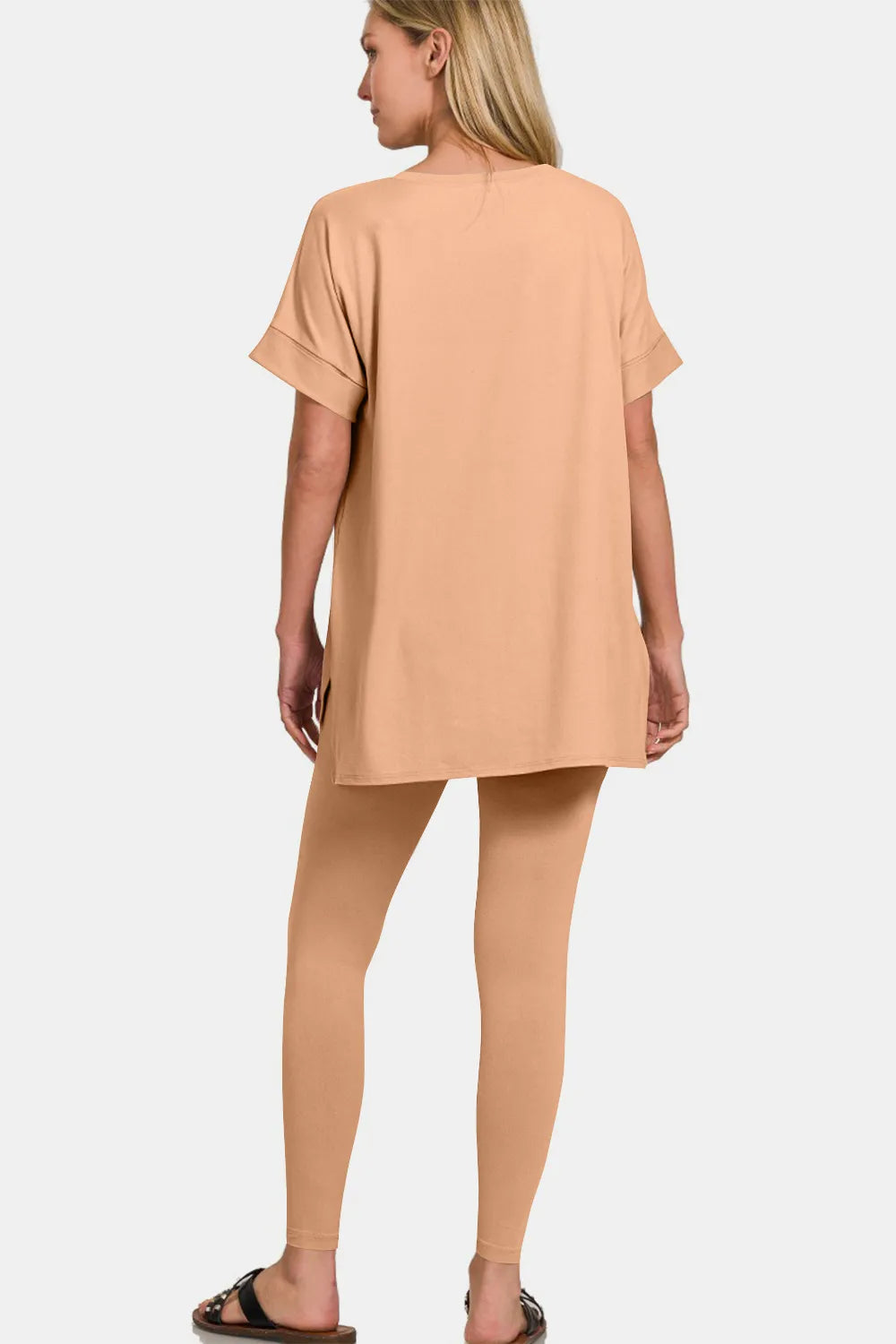 Zenana Full Size V-Neck Rolled Short Sleeve T-Shirt and Leggings Lounge Set - Fashorio