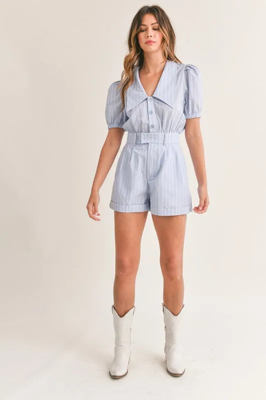 Striped Puff Sleeve Collared Neck Romper styled look