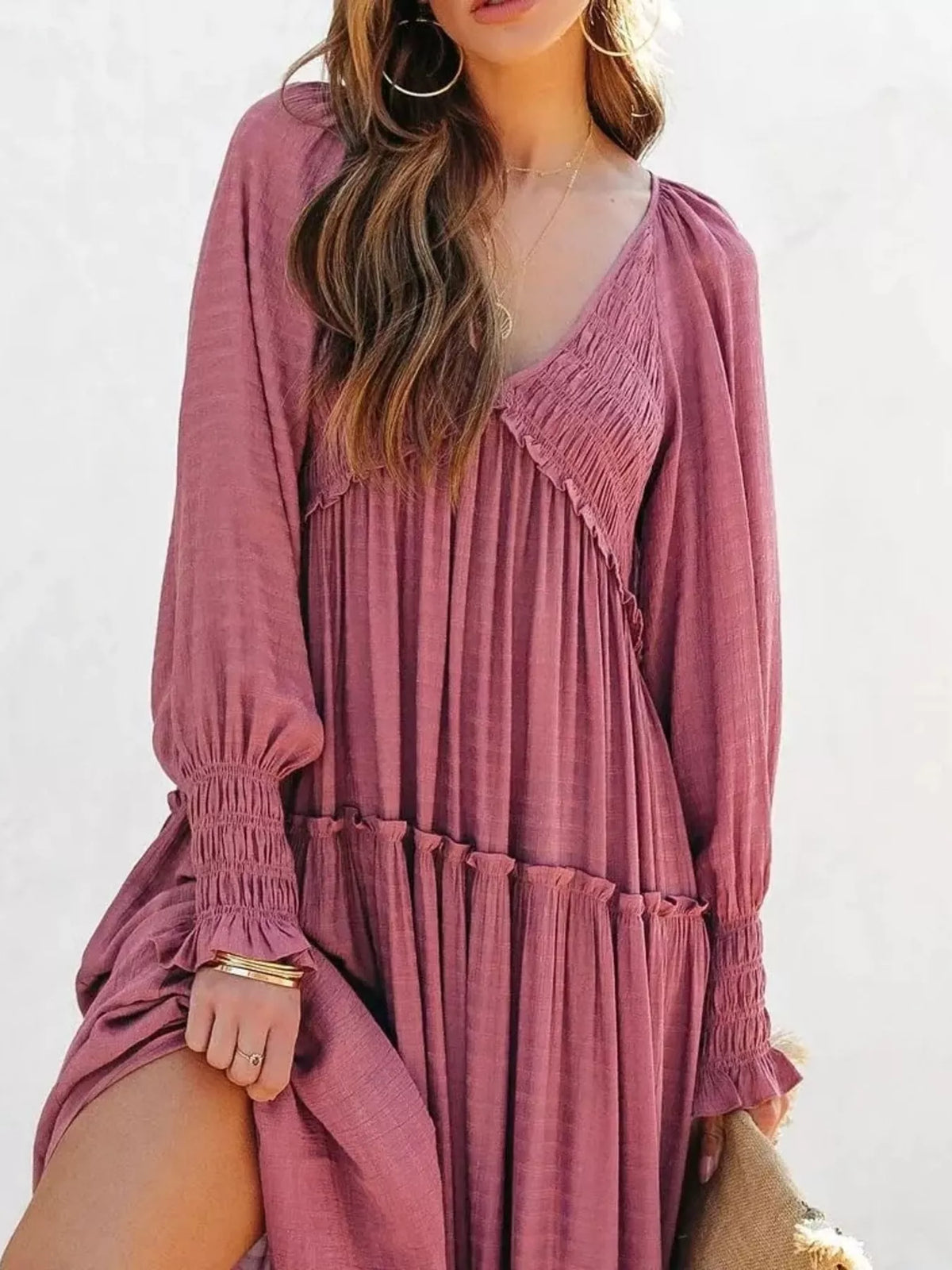 v neck long sleeve tiered maxi dress front view 2
