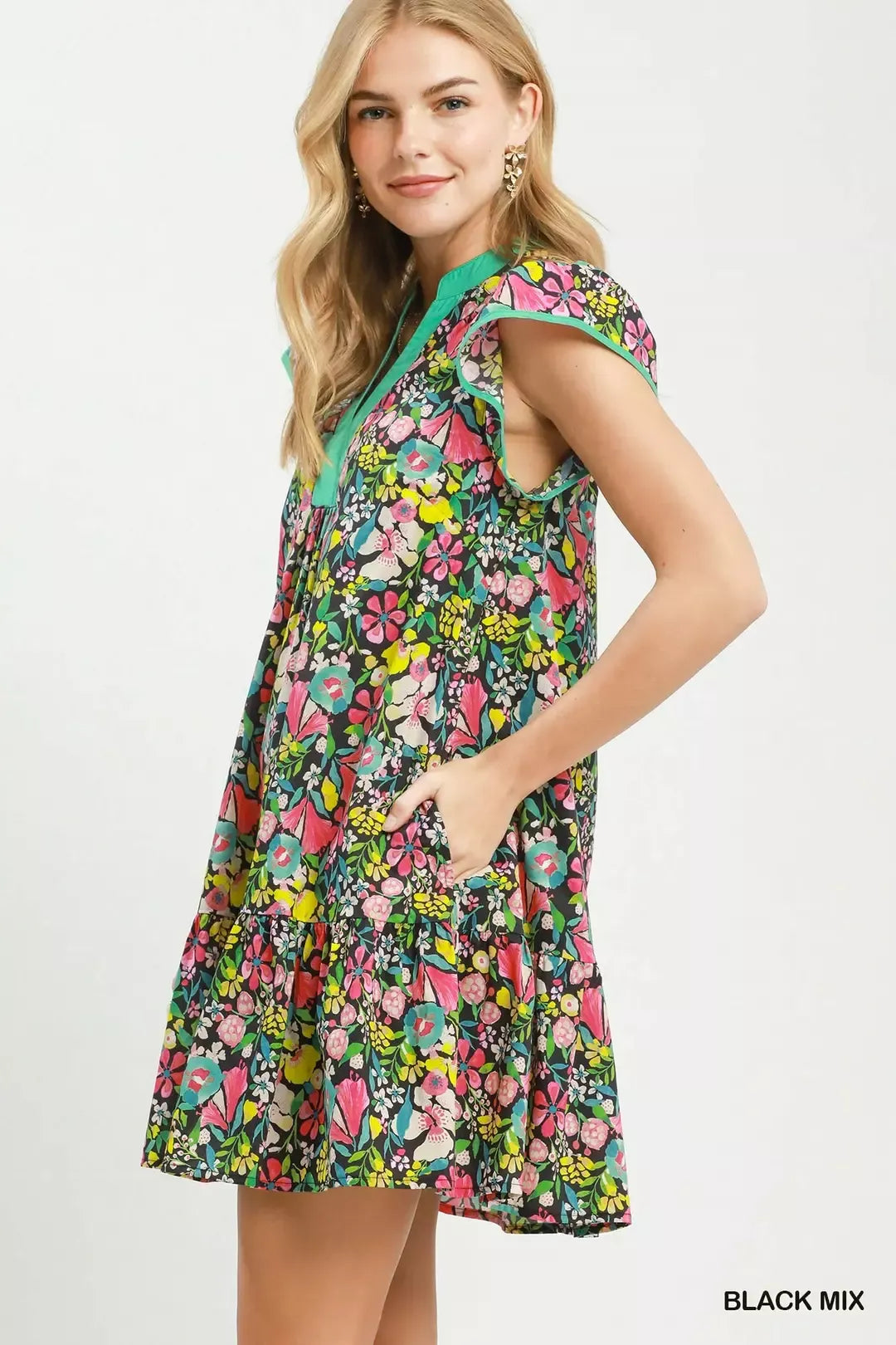 Floral Flutter Sleeve Tiered Mini Dress in Black back view