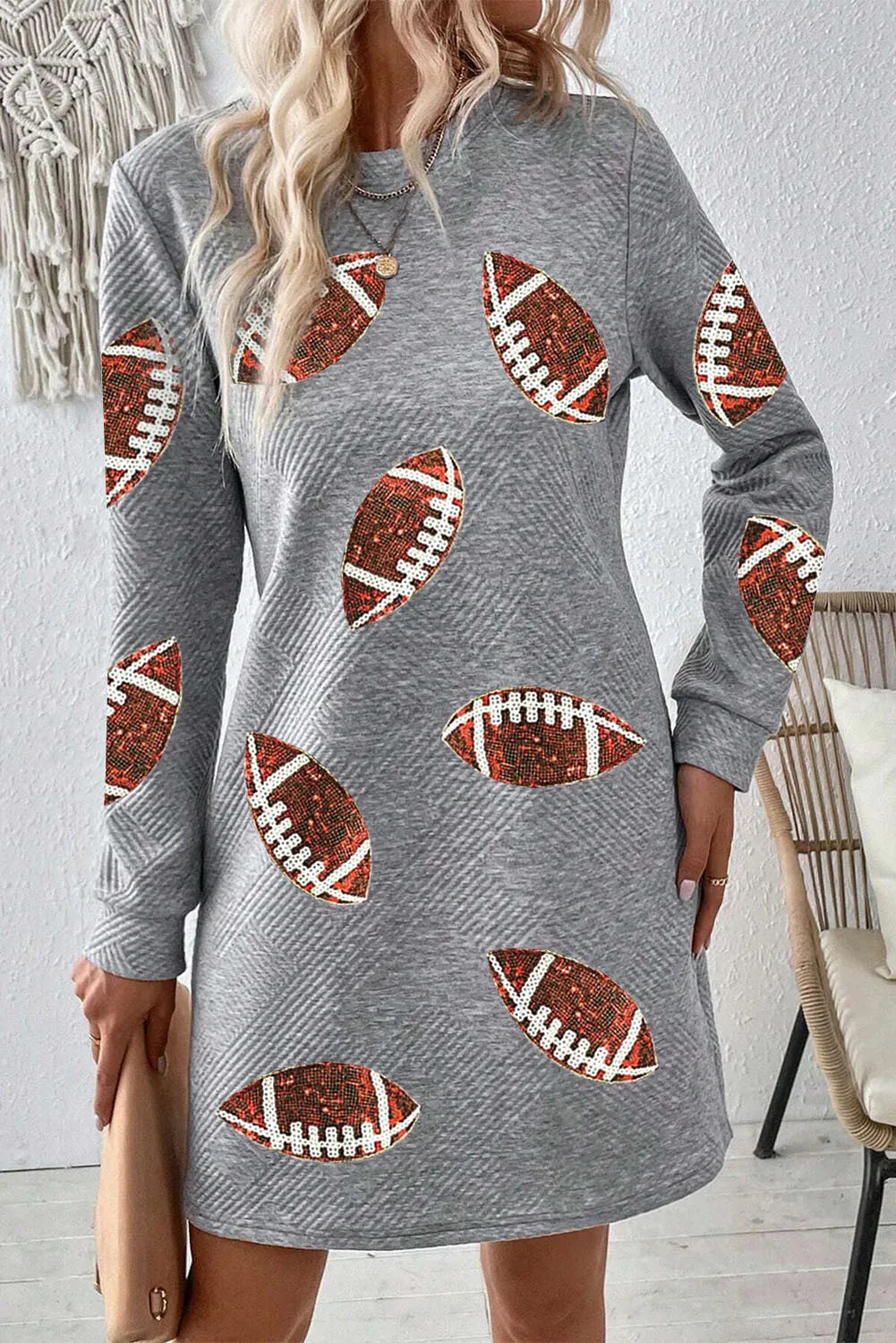 Sequin Football Long Sleeve Mini Dress in Gray side view