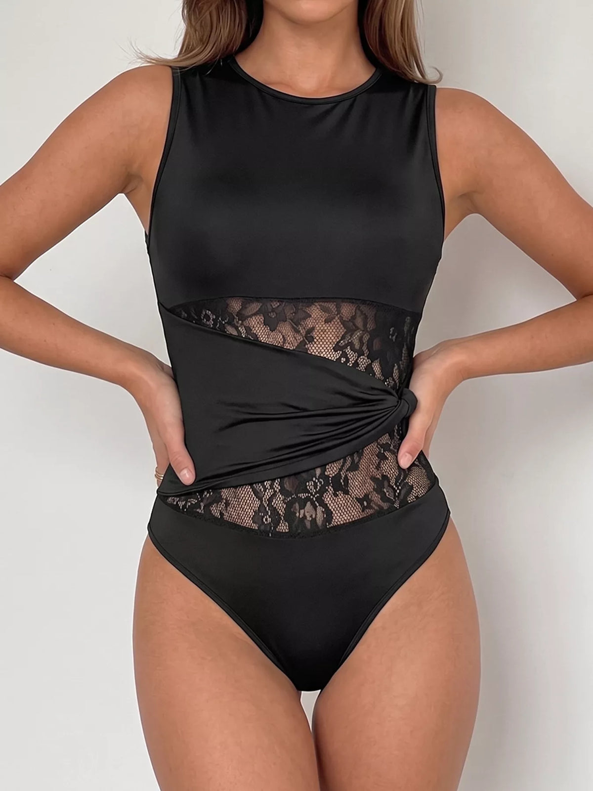 Black sheer lace panel sleeveless bodysuit side view