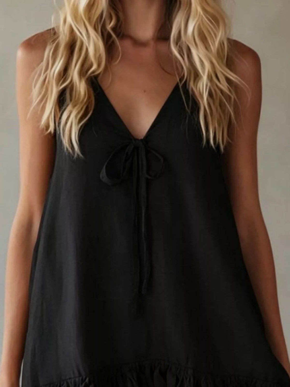 V neck tie front ruffle hem mini dress back view