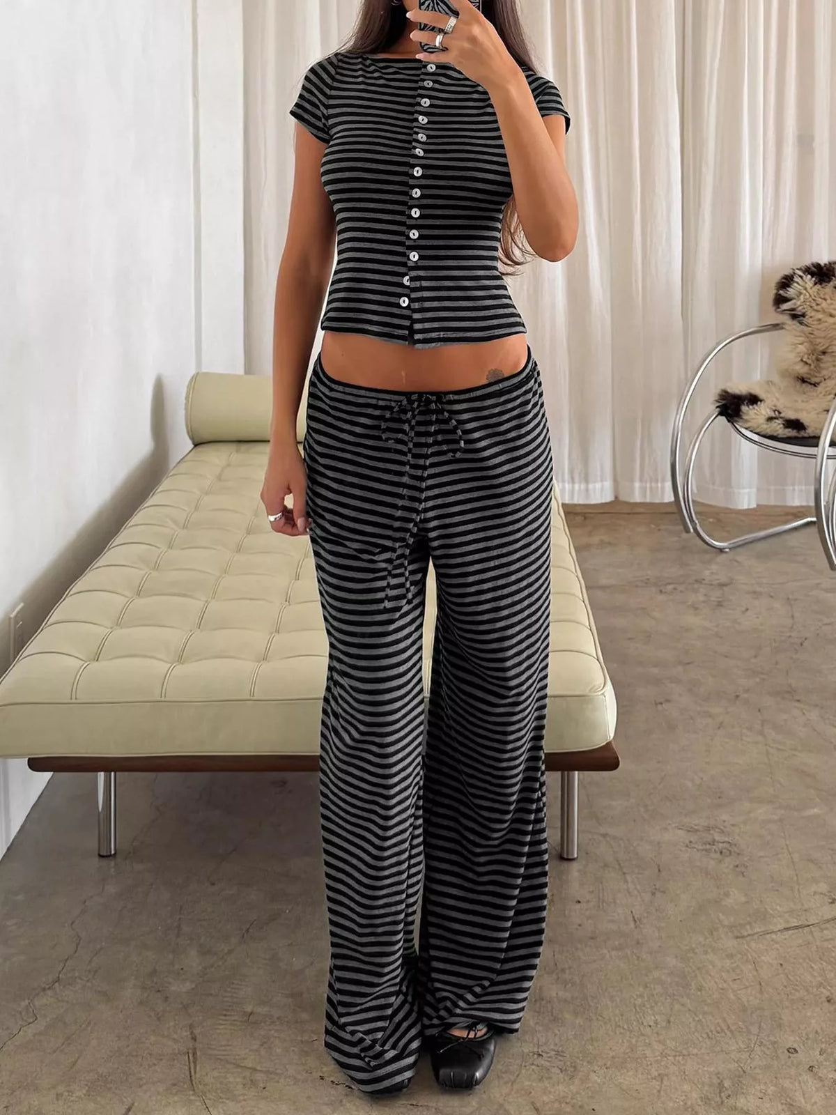 Striped Button Down Top and Wide Leg Pants Set, view 8