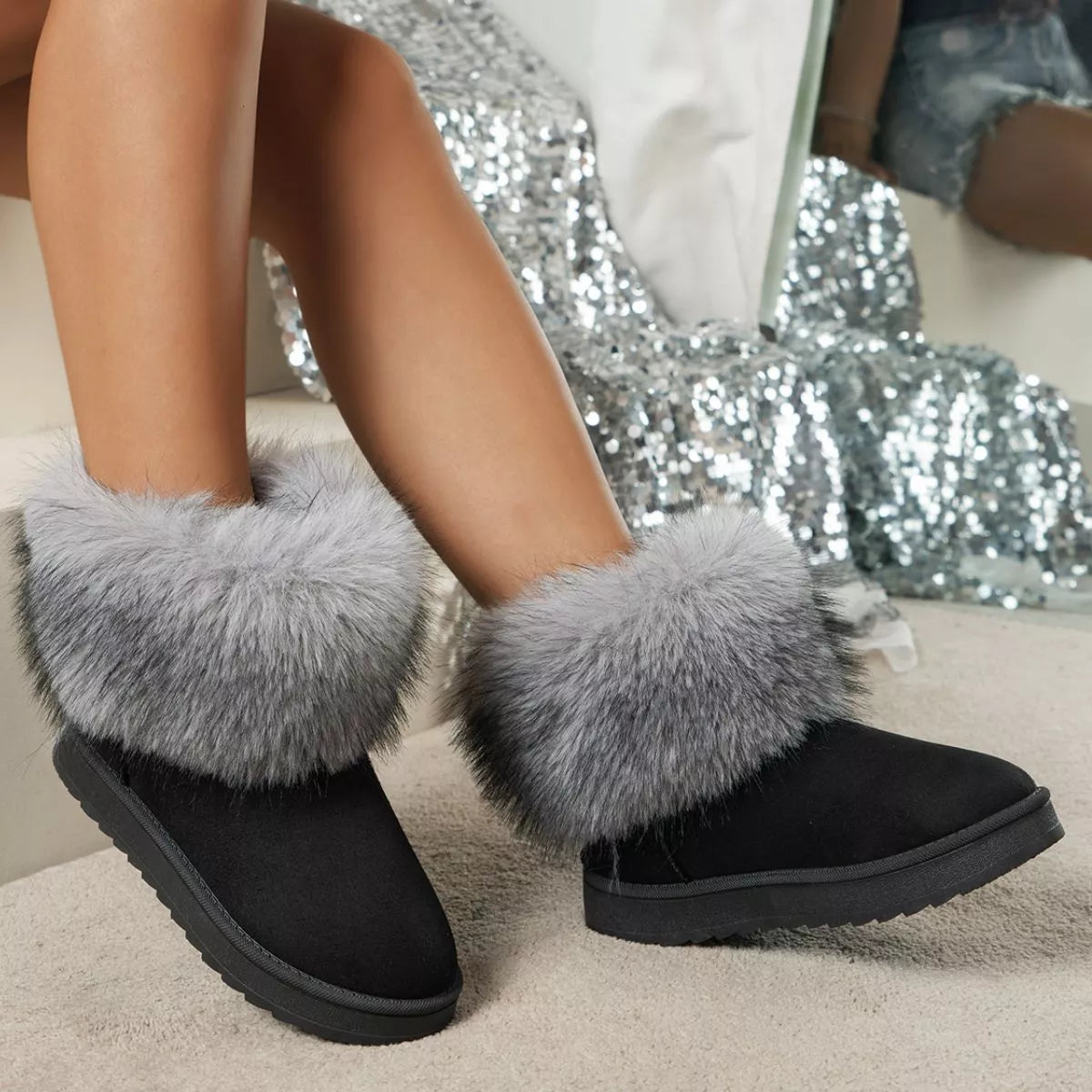 black fuzzy trim ankle boots shaft detail