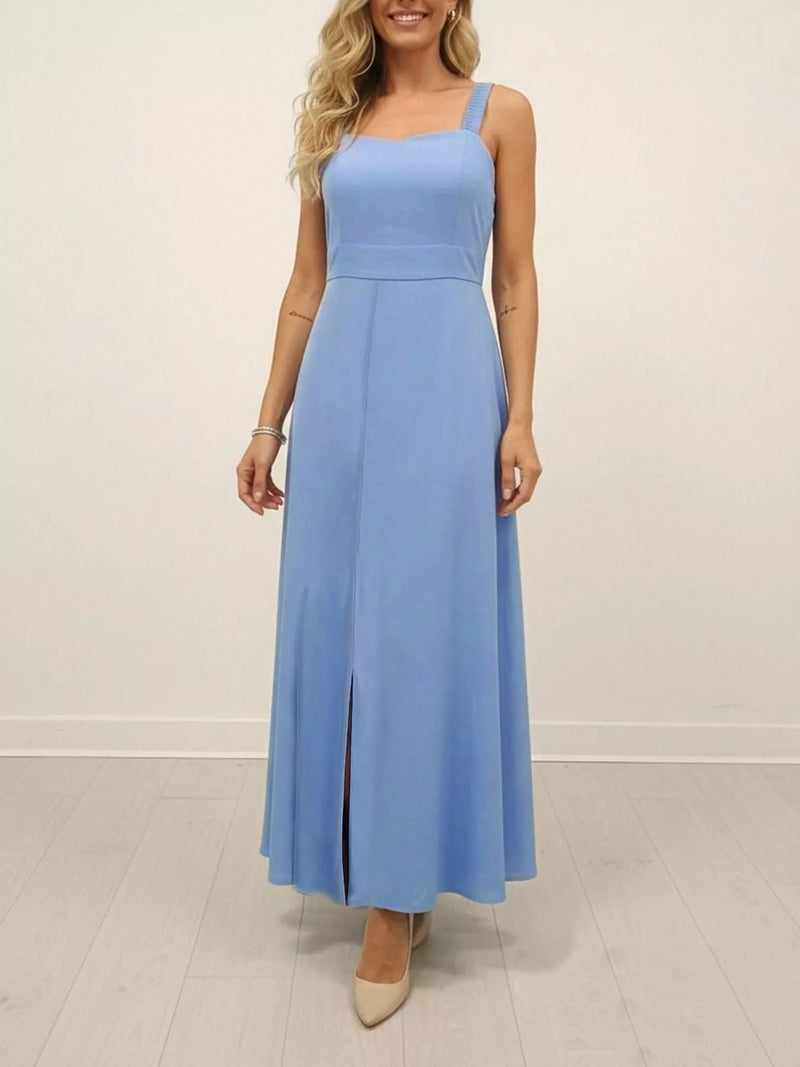 Blue smocked wide strap maxi dress with slit front view