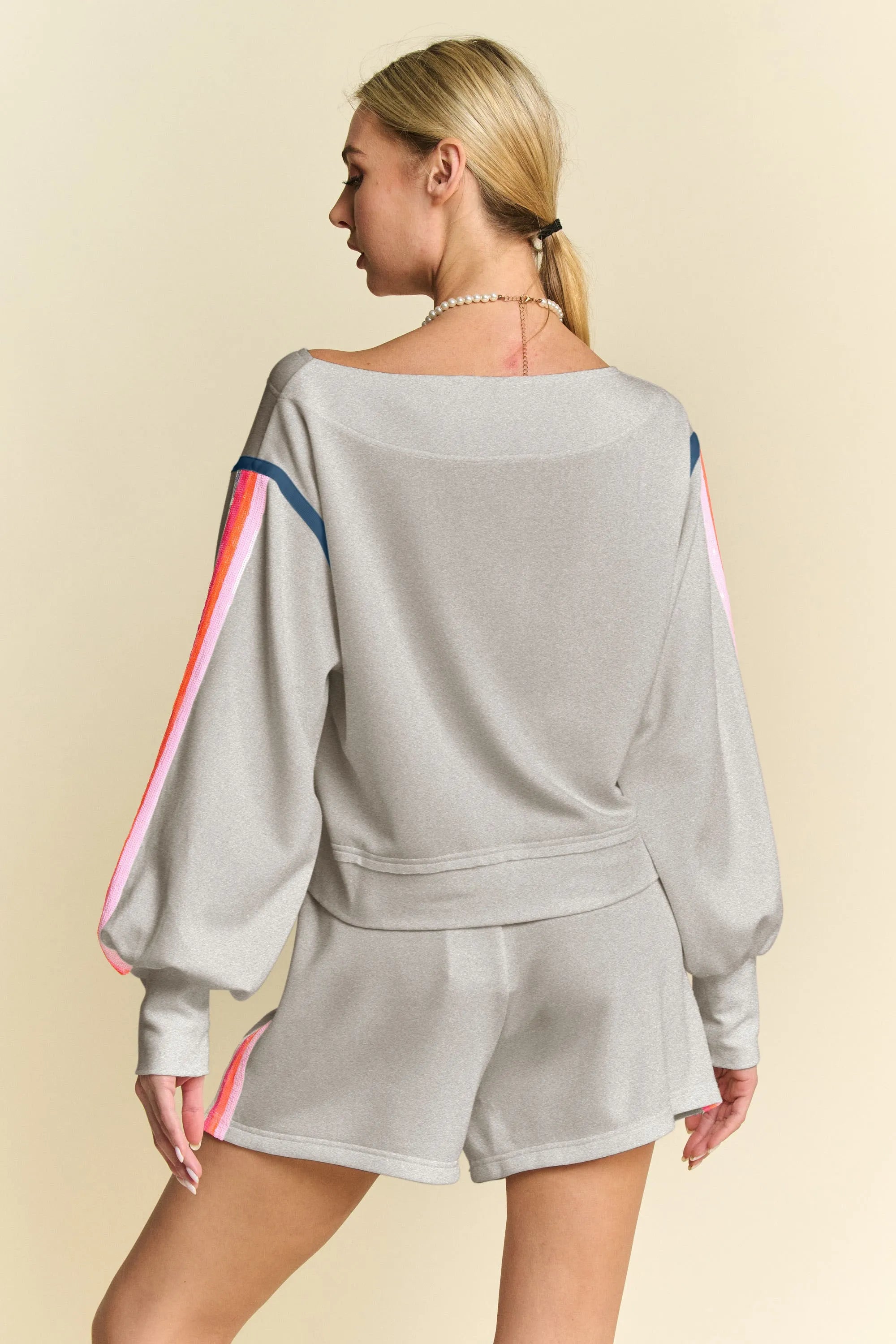 Davi & Dani Sequin Stripe Long Sleeve Top And Short Pants Set - Fashorio