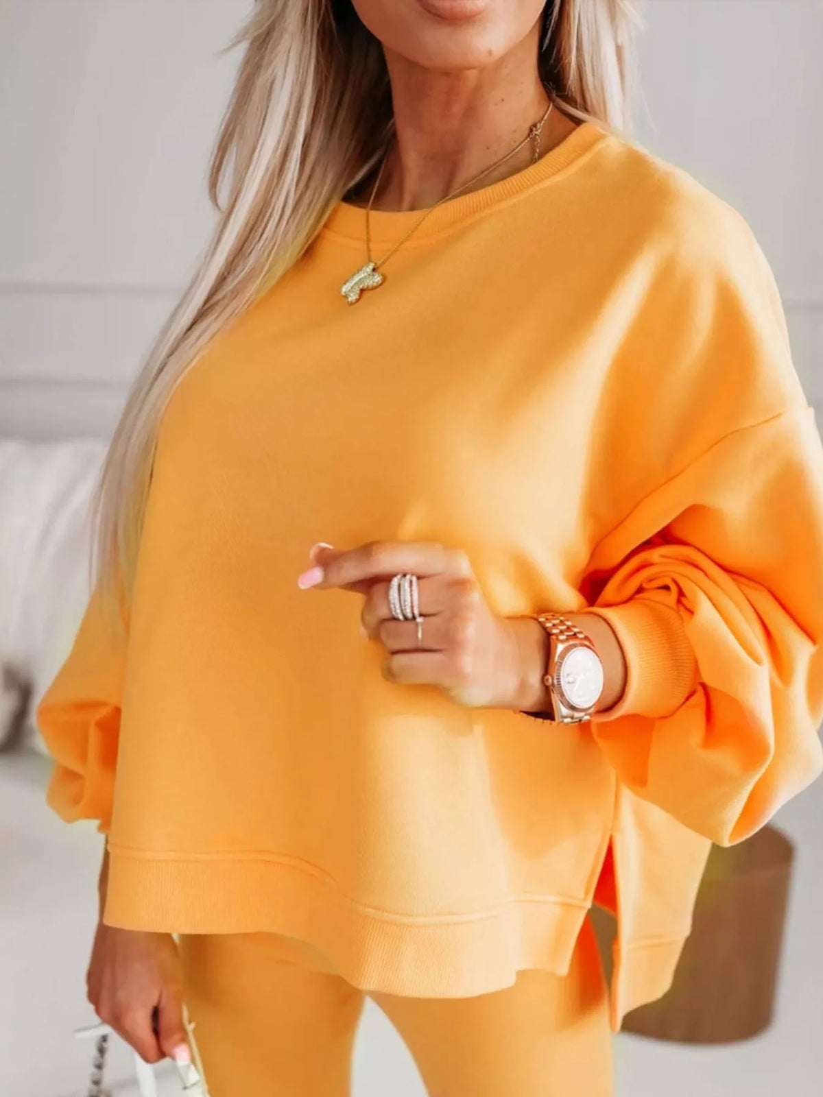 Side slit oversized sweatshirt in yellow styled view