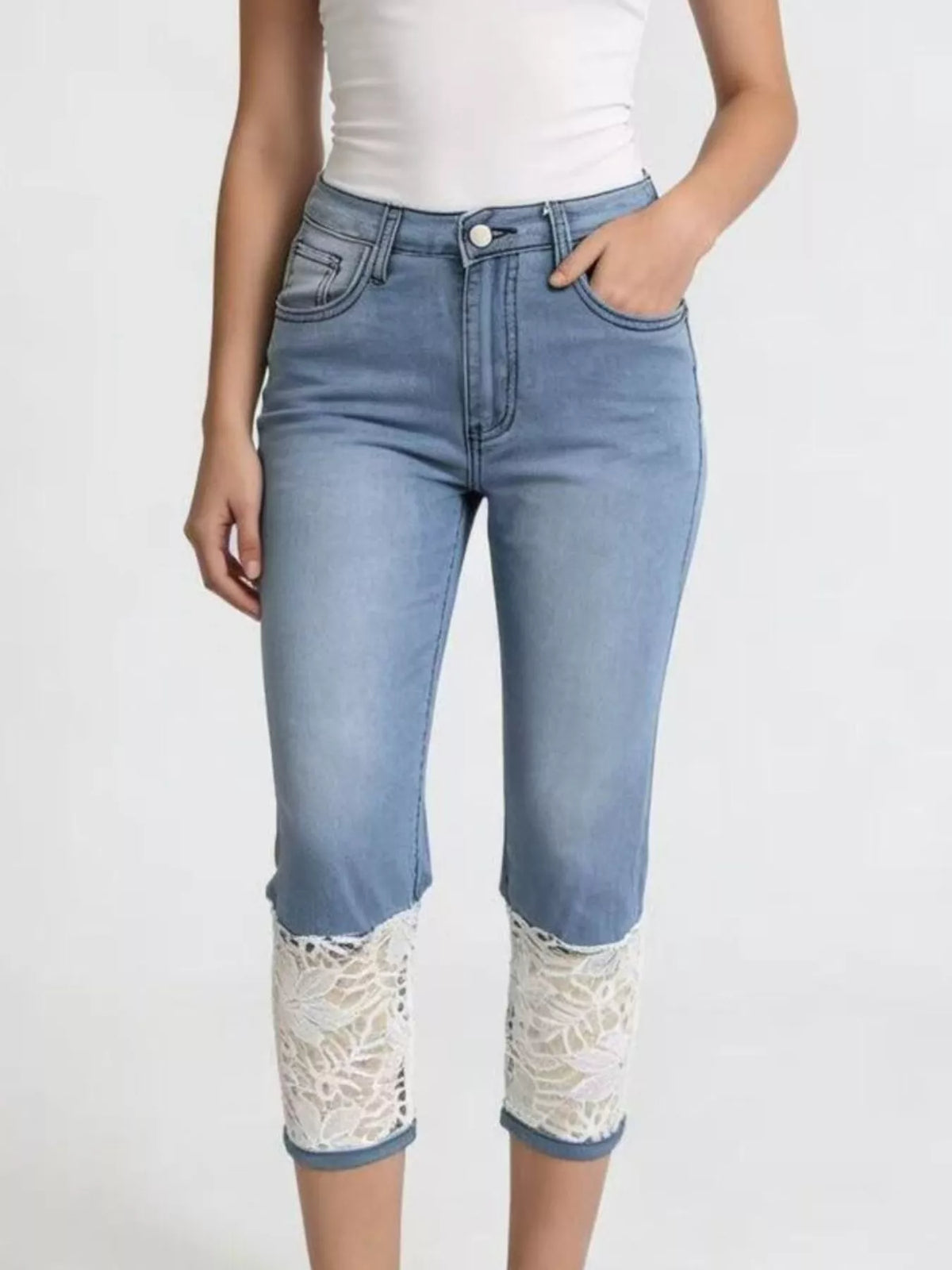 Lace Trimmed Capri Jeans, view 8