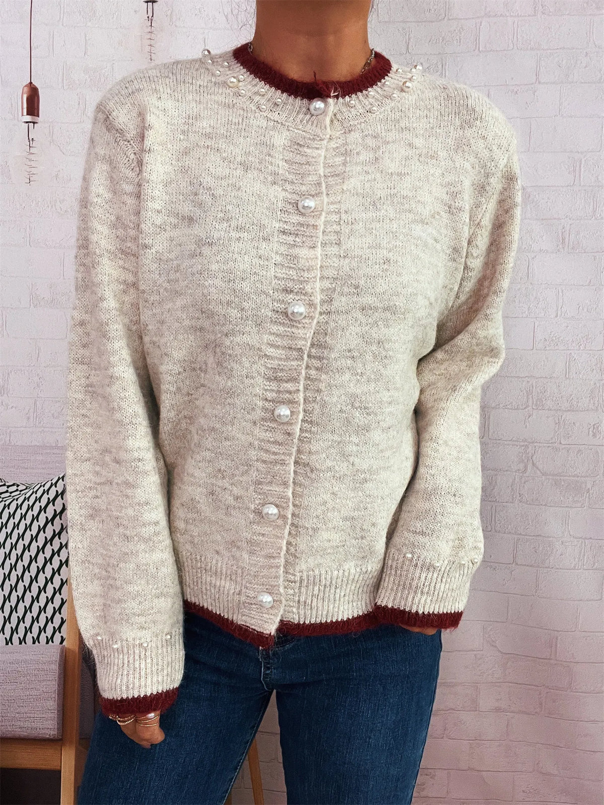pearl button front ribbed cardigan styling detail