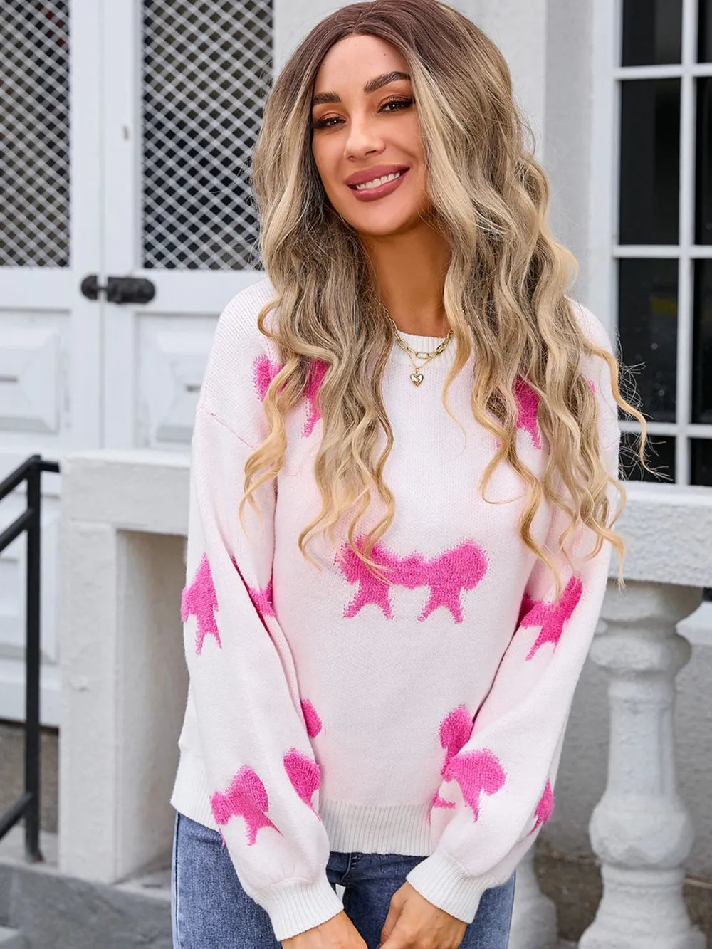 Bow Round Neck Dropped Shoulder Sweater, view 10