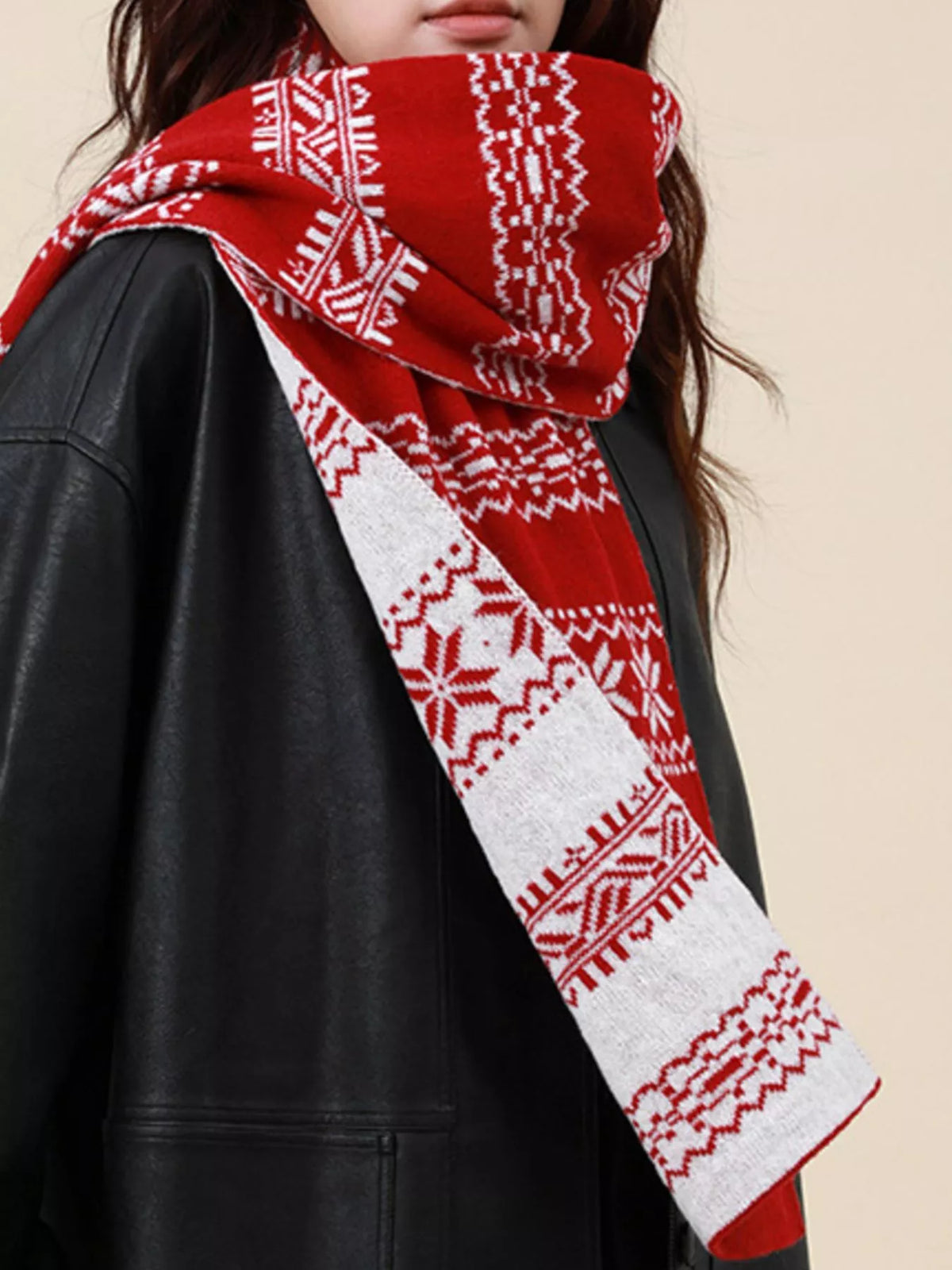 Christmas snowflake knit scarf draped styling
