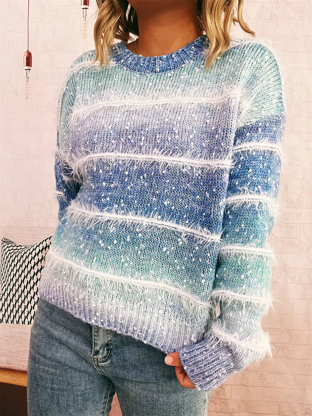 gradient striped round neck sweater front view