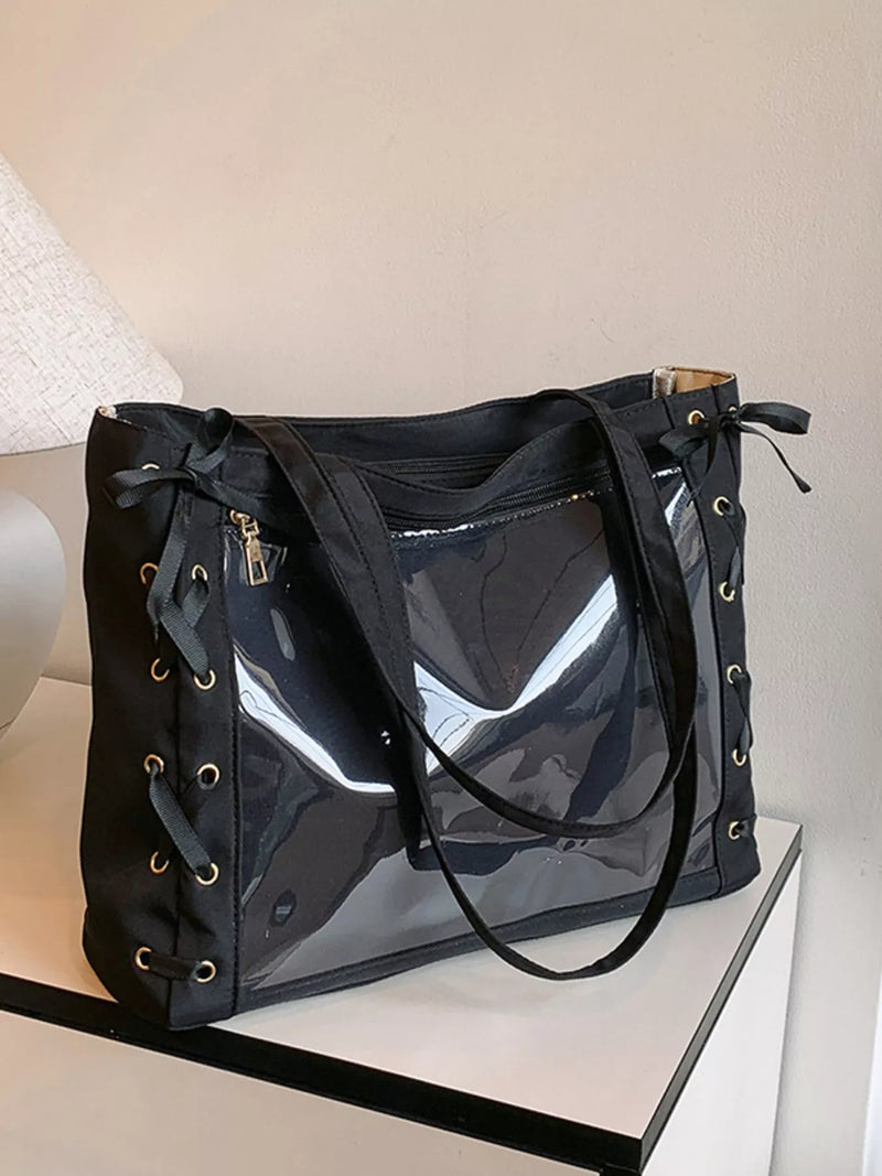 Lace up trim clear panel shoulder bag front view