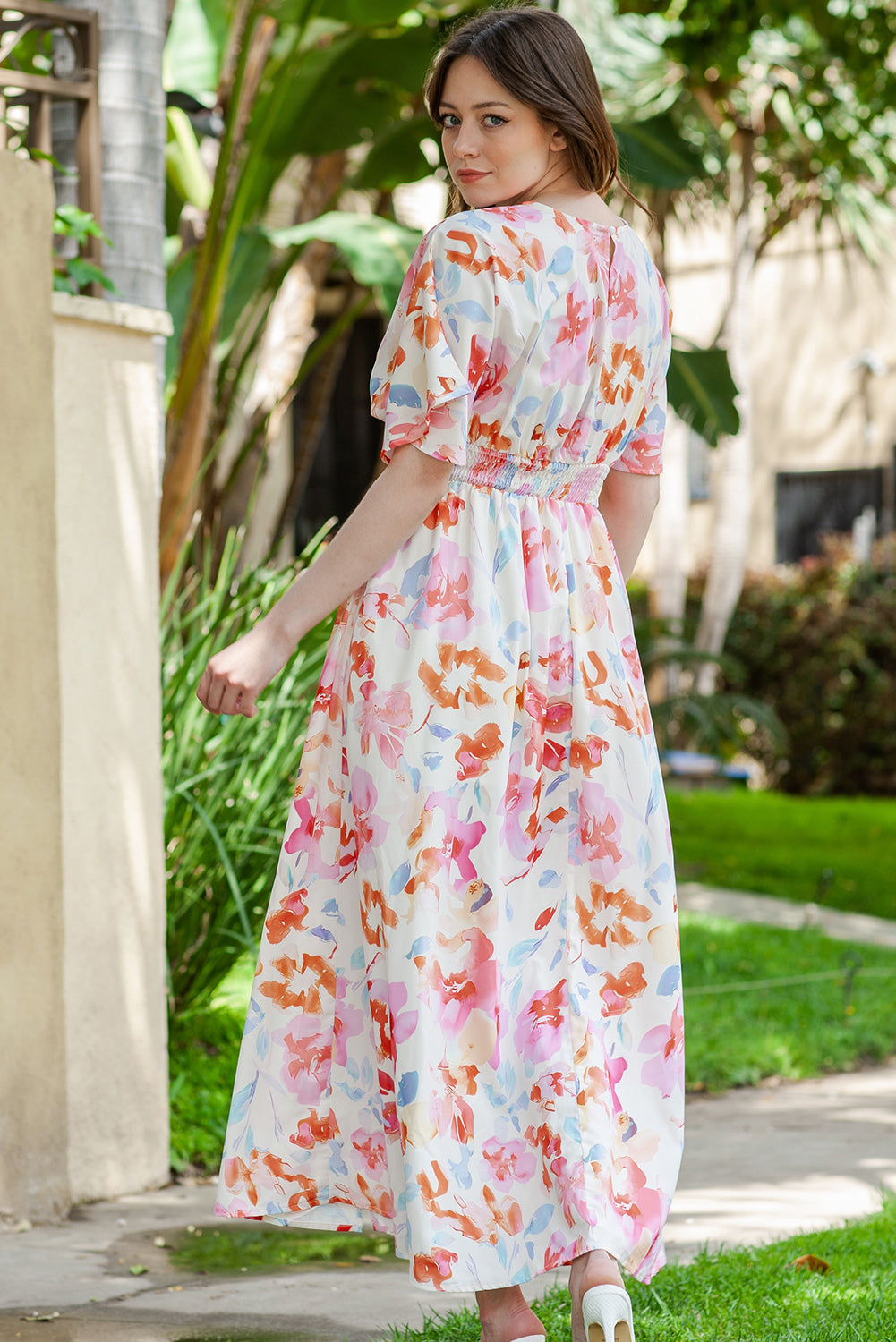 Floral Deep V Slit Maxi Dress - Fashorio