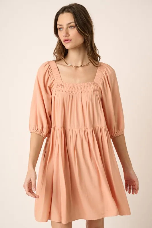 Pintuck detail tie back mini dress front view